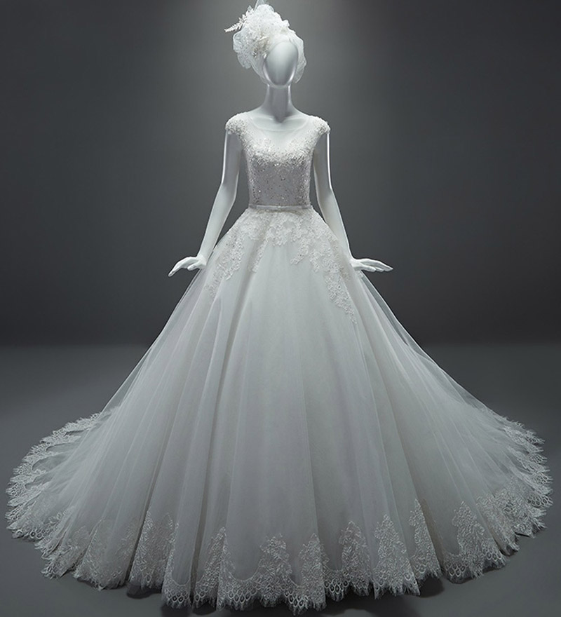 Real Sample Wedding Dresses A-line See Through Cap Sleeves Sash Chapel Train Lace Wedding Dress Vestido De Casamento 2015